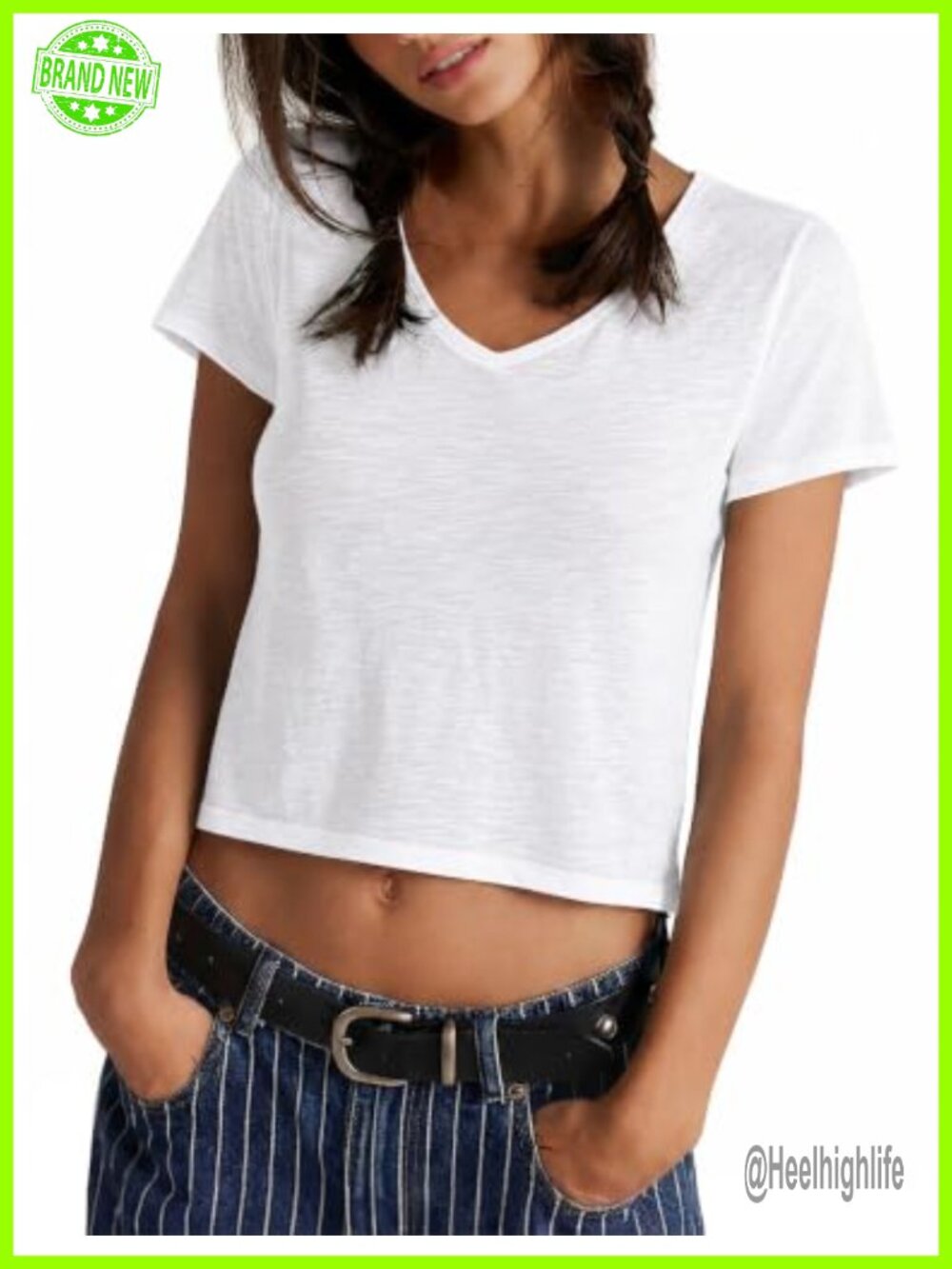 Womens V Neck Crop Top 100% Cotton Slub Knit Short Sleeve Casual Summer Tee